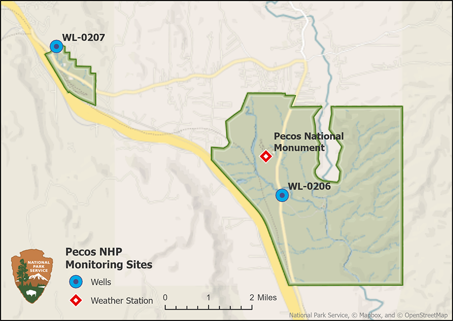 Figure 1. PECO map Map of the park showing two groundwater wells, one in each unit, and a weather station in the main unit.