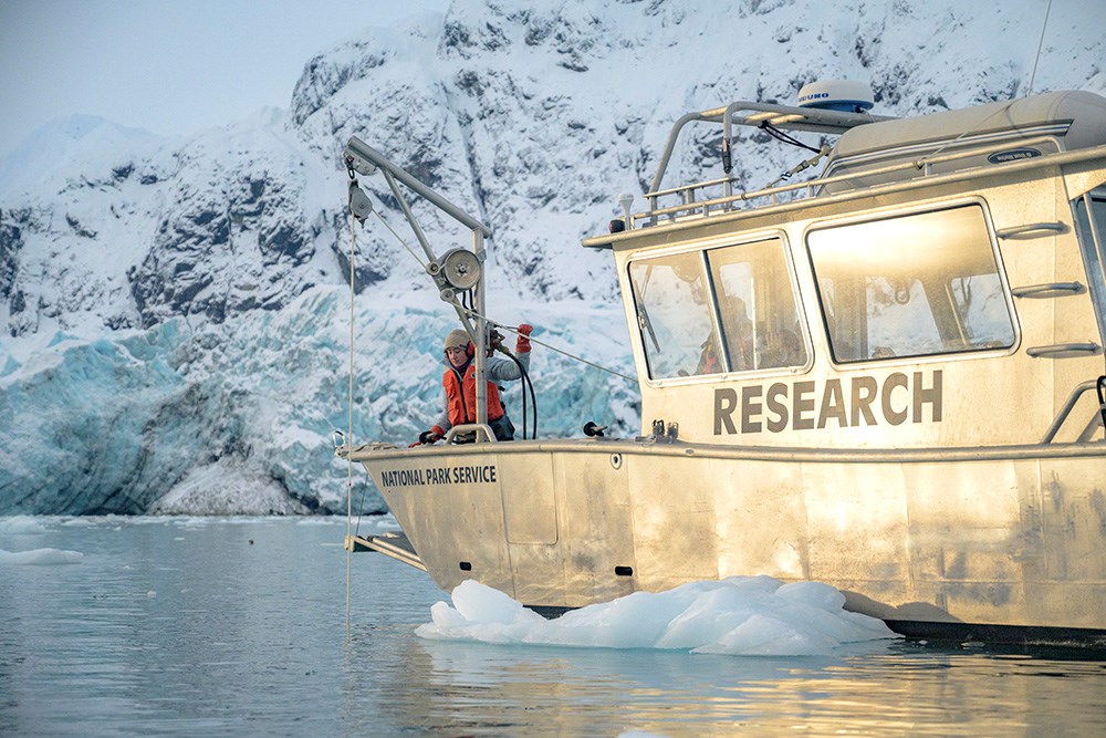 RV_FogLark_web A research vessel on a snowy fjord.