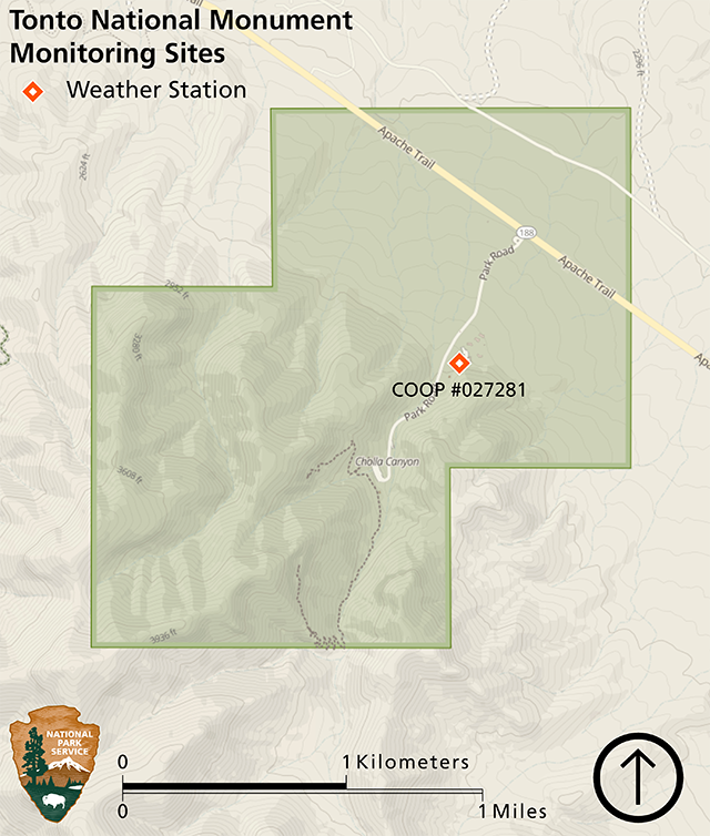 Map of Tonto National Monument showing a weather station along the park road off of route 188 in the central east part of the park.