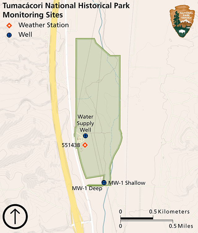 Map of Tumacácori National Historical Park showing location of a weather station near the ruins and visitor center on the western edge of the park and two groundwater wells, one at the very southern end and one on the western edge of the park.