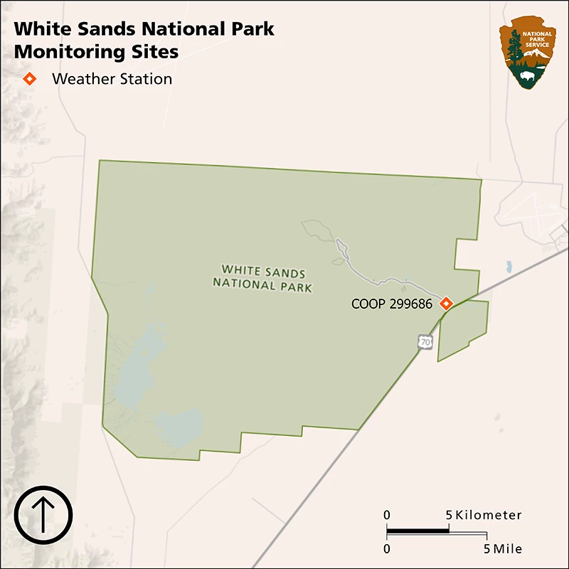 Map of monitored weather station Map of three wells, two on the western park border and one southeast of the park border, and three wells, one on the western, one on the northern, and one on the eastern park borders.