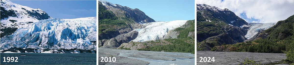 Fig2-Exit-Glacier-NPS-Photos-Unk-S.McKnight-J.Rodrigues_web A three-part figure showing photos of Exit Glacier from 1992 to 2010 to 2024.