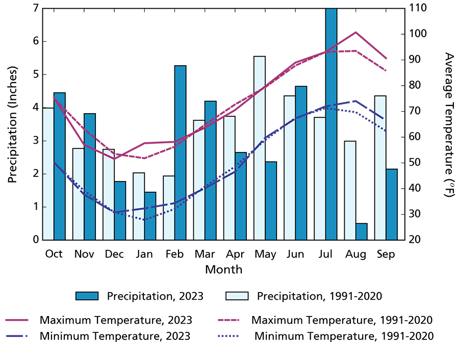Bar and line graph showing overall max and min temperatures similar to the average and much greater precipitation than normal in February and July.