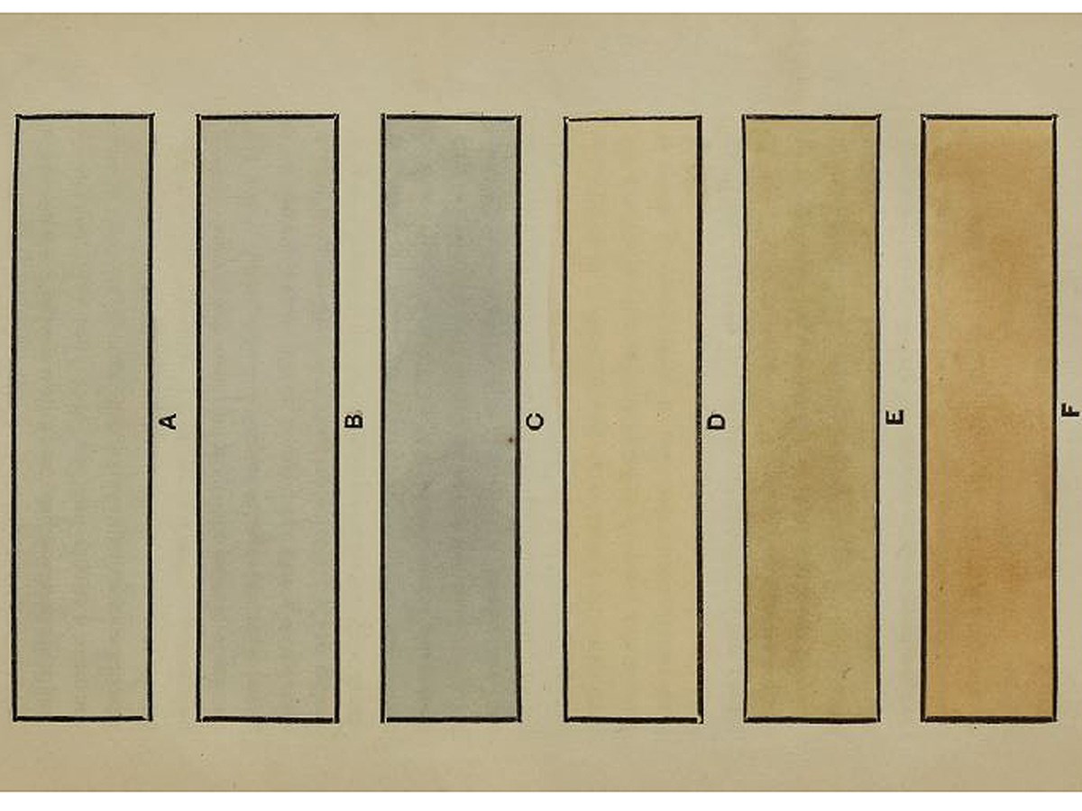 6 rectangles with drab colors A- opaque gray, B-light gray, c- gray, d- light tan, e- tan, f- light brown.