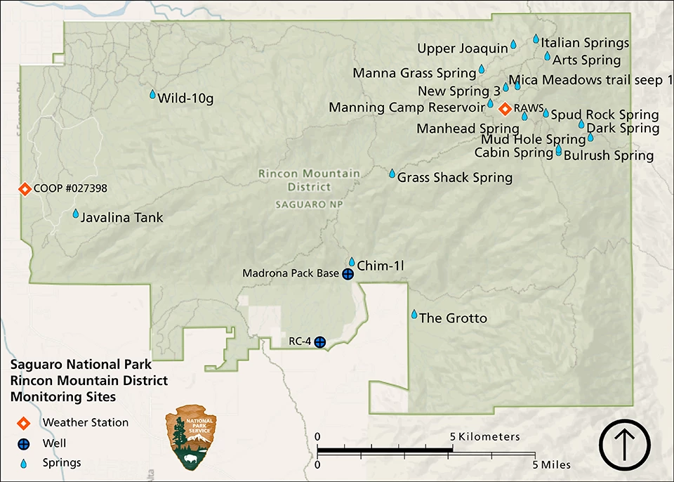 Rincon Mountain District Map of two wells in the southern end of Rincon Mountain District, a weather station in the west near the visitor center, a weather station in the mountains near Manning Camp on the northeast side, and monitored springs.