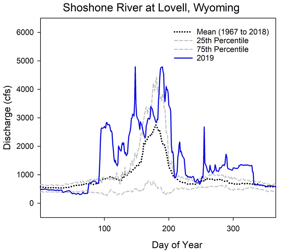 Line graph of daily discharge for the Shoshone River at Kane in 2019 with 25th and 75th percentiles and long-term mean daily flows.
