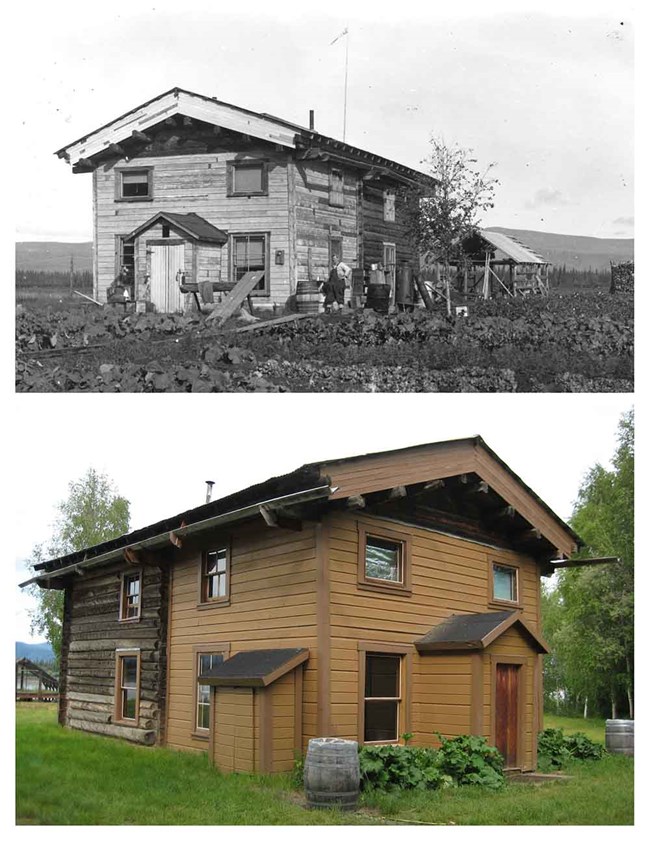 Two images of Slaven's Roadhouse--one from 1938 and the other recent.
