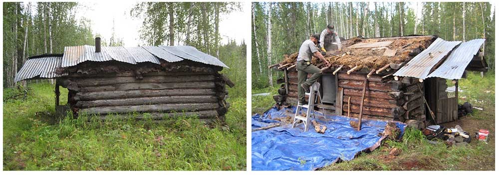 Fig3_Sams Creek_web Side-by-side images of a historic log cabin.
