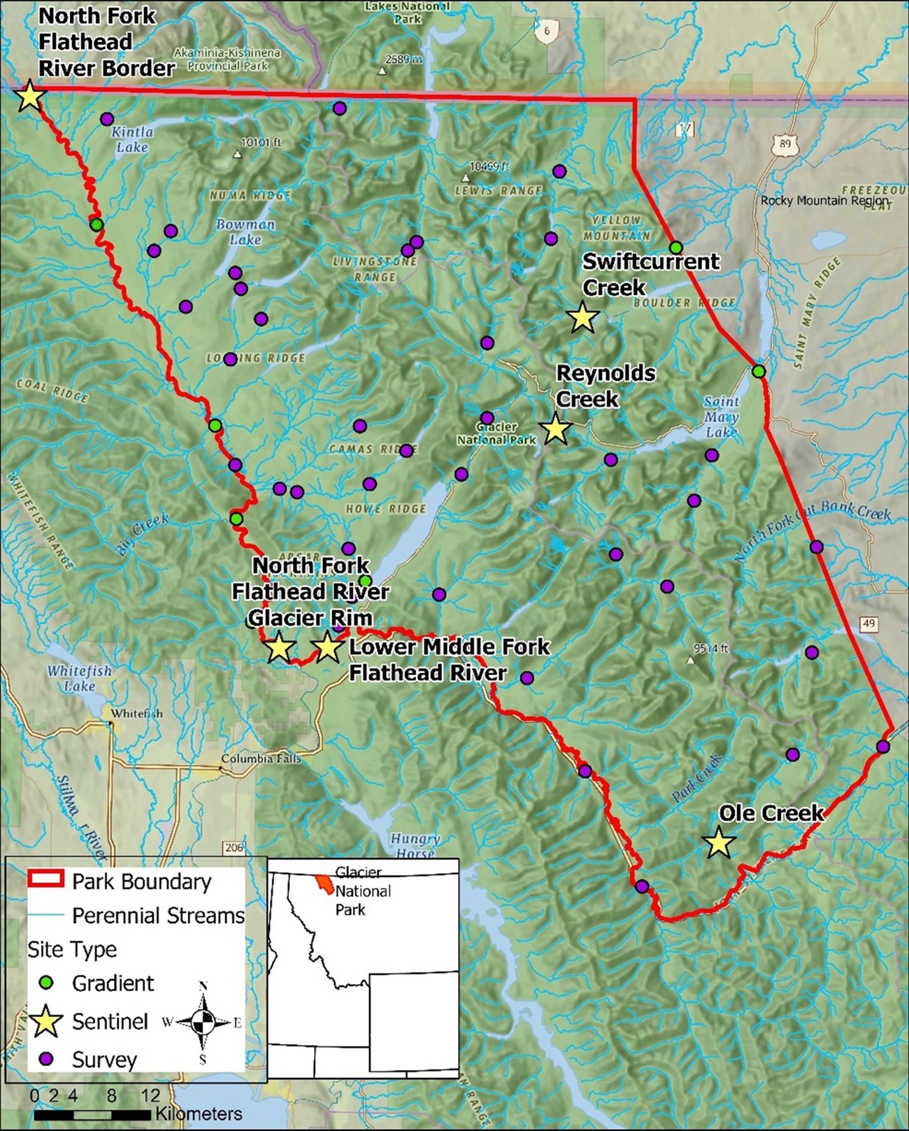 Map showing location of stream sampling sites throughout Glacier National Park.