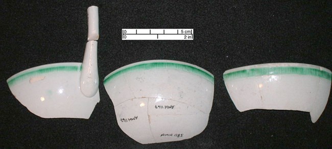 pearlware ladle three large pieces of a green-edged decorated pearlware ladle