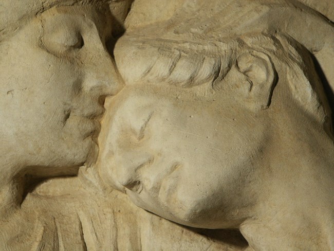 19th-century Istrian limestone panel relief from St. George’s Hall, Liverpool after laser cleaning.