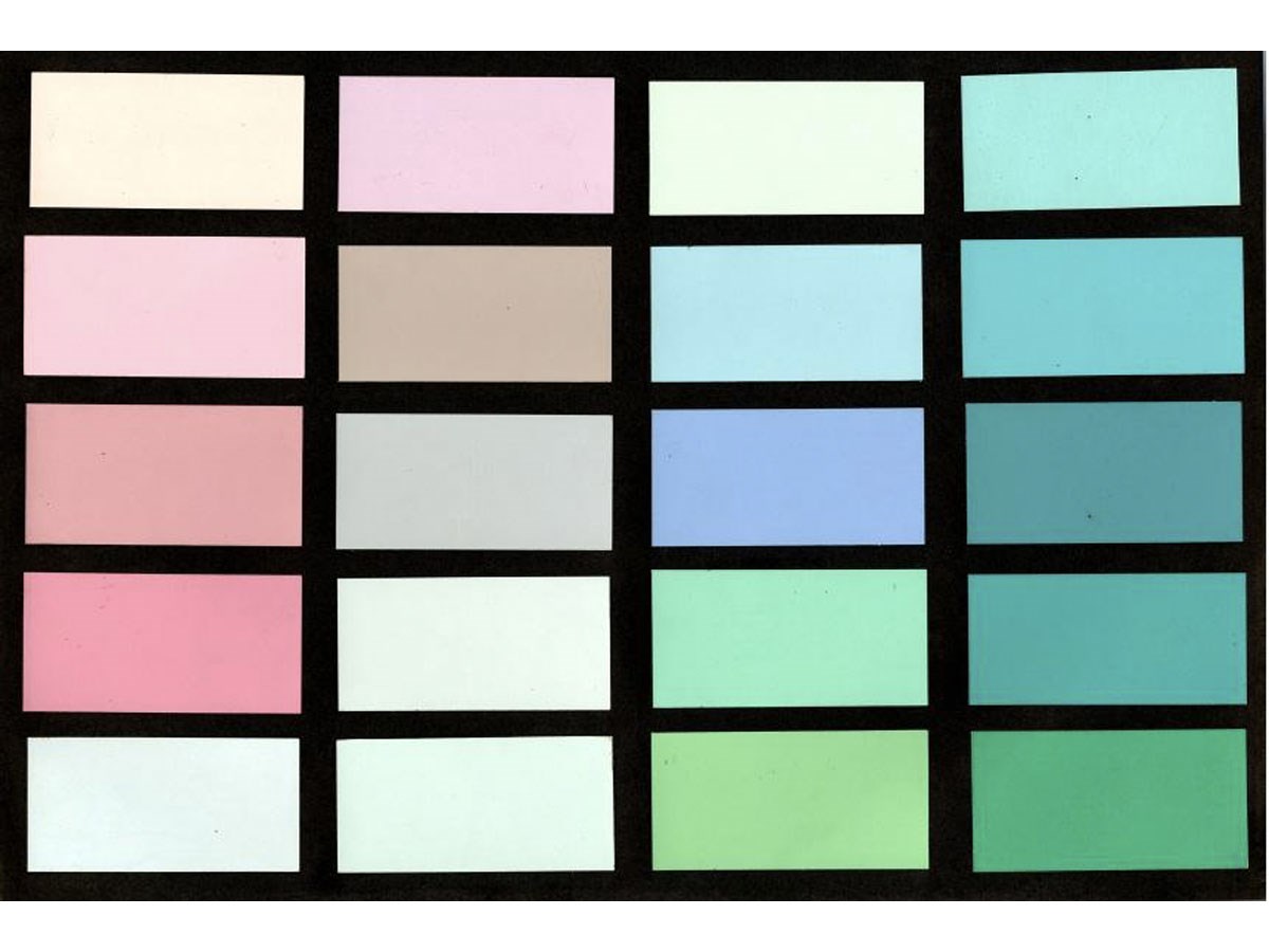 Rectangle with 20 smaller rectangles pastel colors in shades of pink, blue, green, turquoise, and cream.