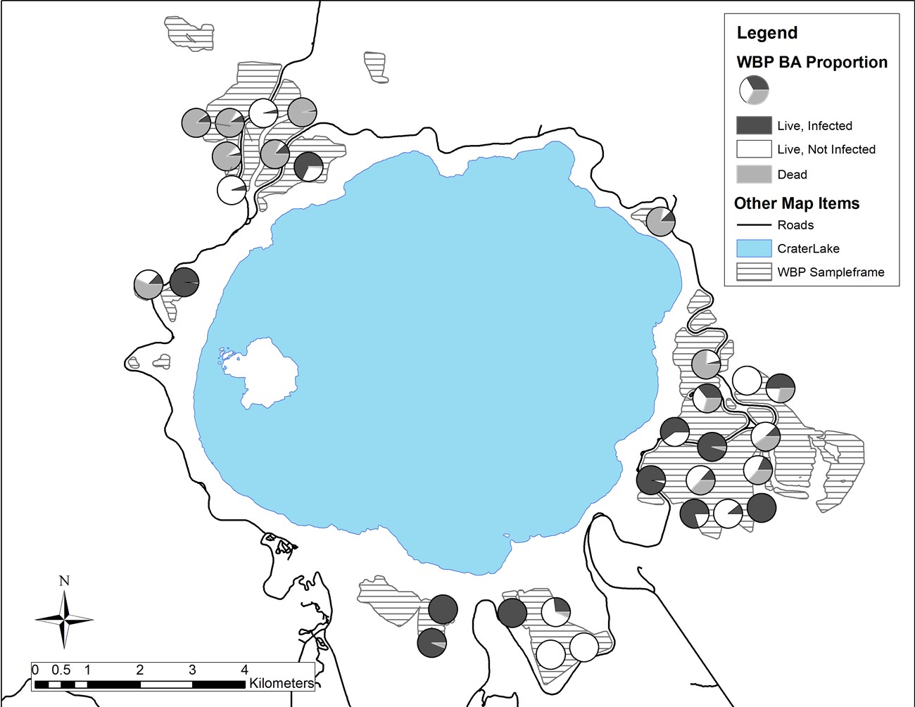 About half of the whitebark pine trees sampled in Crater Lake National Park were infected with white pine blister rust.