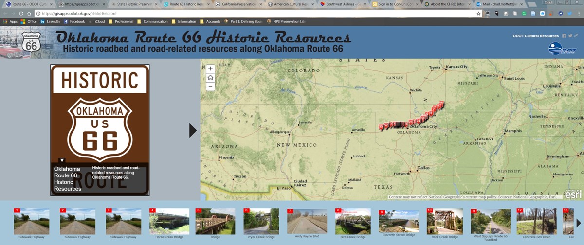 Screen shot Oklahoma map with 55 numbered red dots diagonal across state. 12 thumbnails across the bottom.