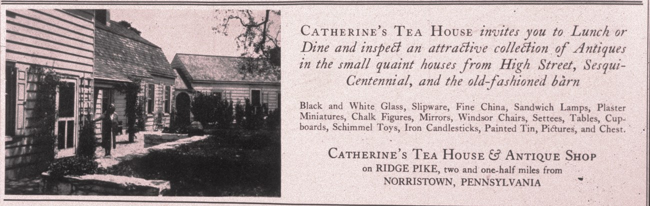 Advertisement three buildings on left and text on right with information about Catherine’s Tea House & Antique Shop.