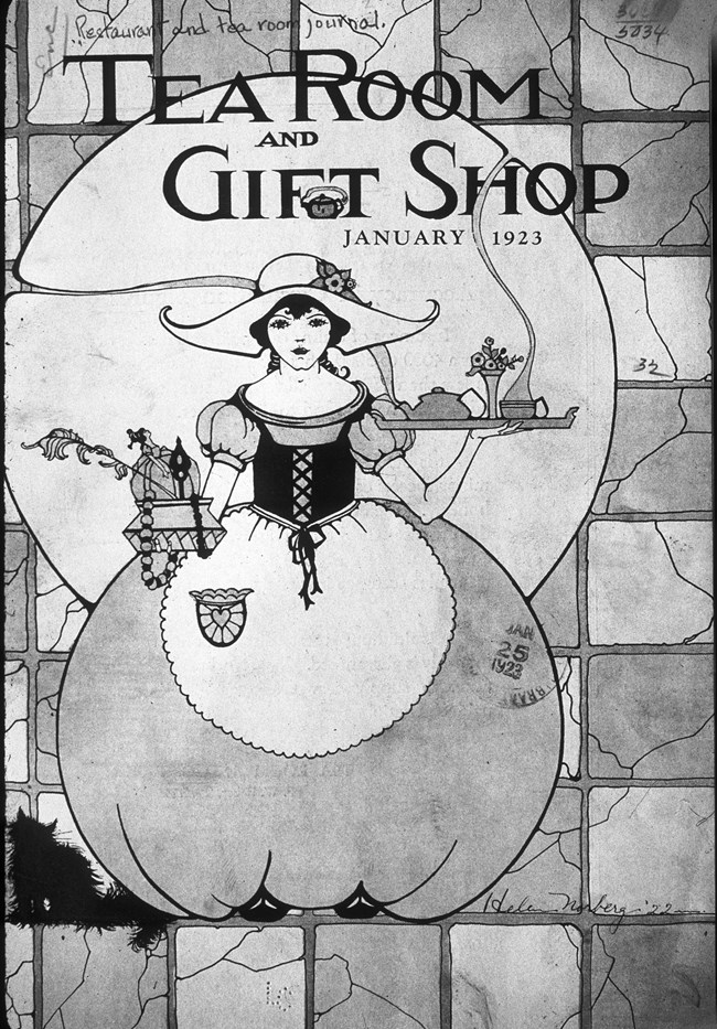 Magazine cover with text Tea Room and Gift Shop January 1923 image woman in a round skirt holding a tea tray.