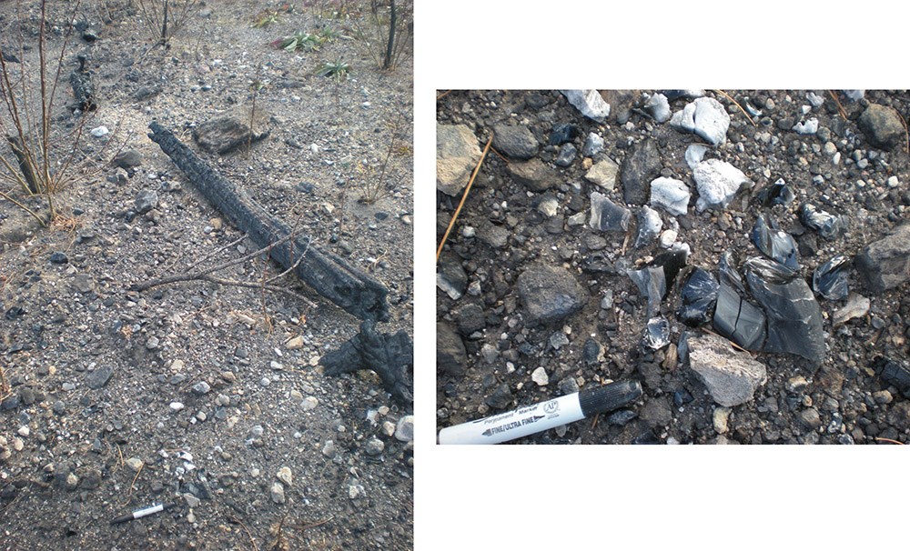 Two images showing burned obsidian pieces at an archeological quarry site.