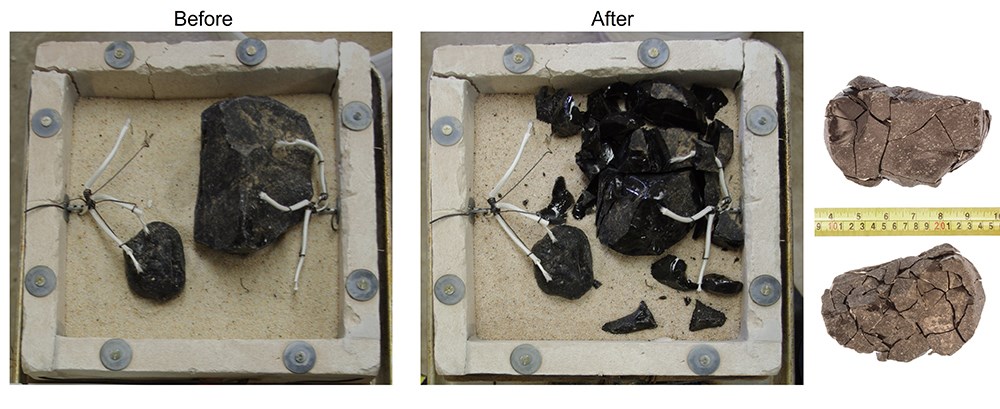 Comparison photos showing intact obsidian before experimental heat exposure and fractured obsidian after heat exposure.