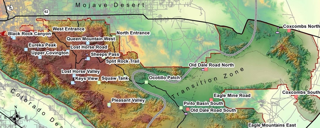 Avian biodiversity monitoring study sites in Joshua Tree National Park Map showing approximate locations of some of the field sites in this study.
