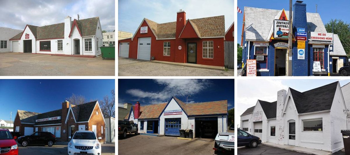 6 brick buildings with signs for different automotive businesses.