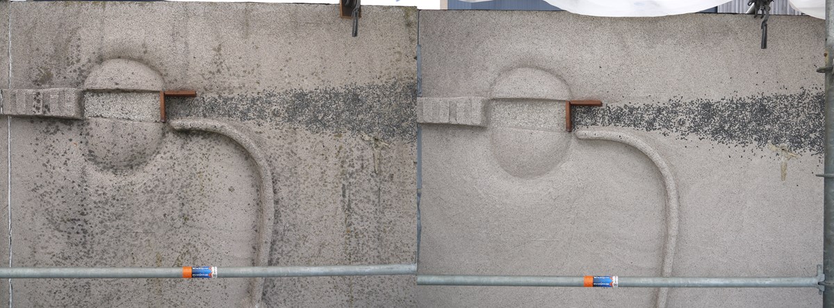 Two closeup images of 3-d cement left with multiple dark spots. Right clean tan cement.