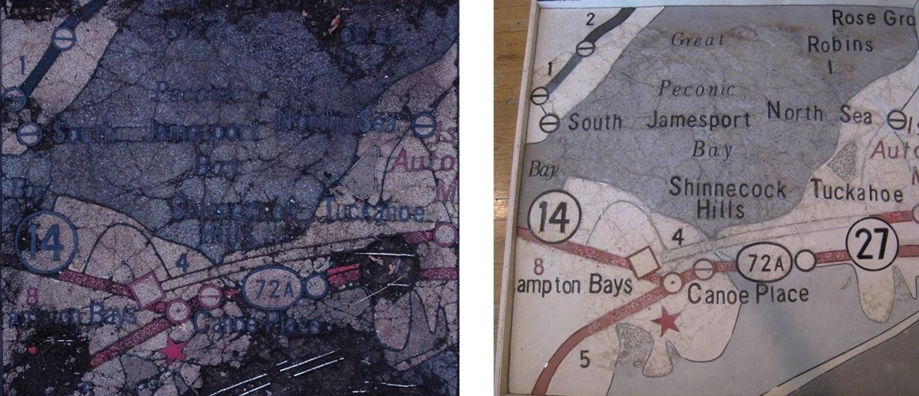 Two images of a map: left dark weathered and difficult to read; right clean and text is legible.