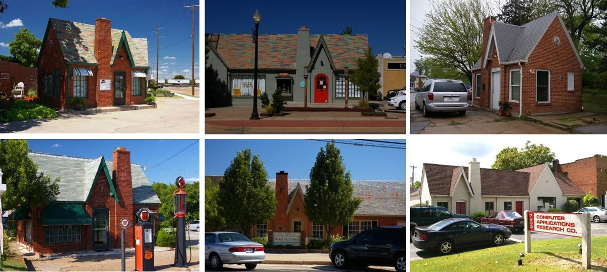 6 brick buildings with signs for various office businesses.