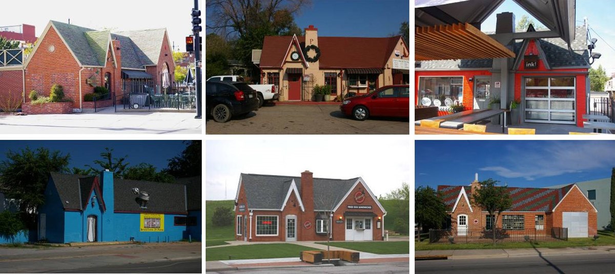 6 brick buildings with signs for various restaurants.
