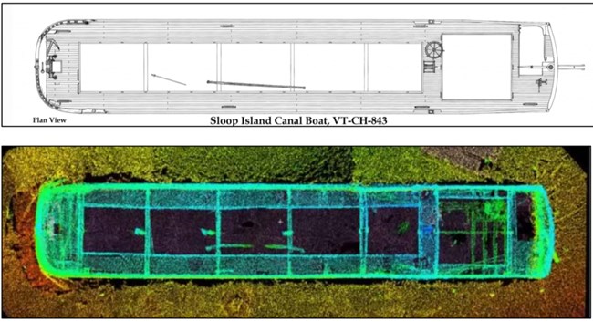 A false color plan view of the Sloop Island Canal Boat on the bottom.