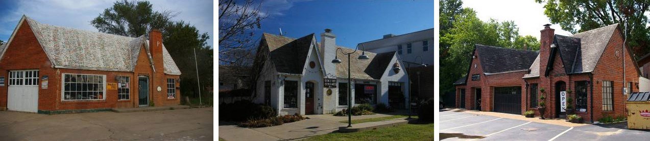 3 brick buildings with signs for retail businesses