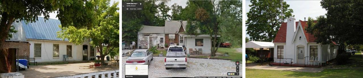 3 brick buildings in various states of repair with cars parked in front.