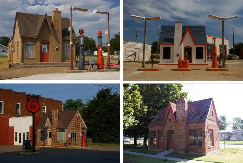 4 restored brick buildings with gas pumps and a sign that reads Phillips 66.