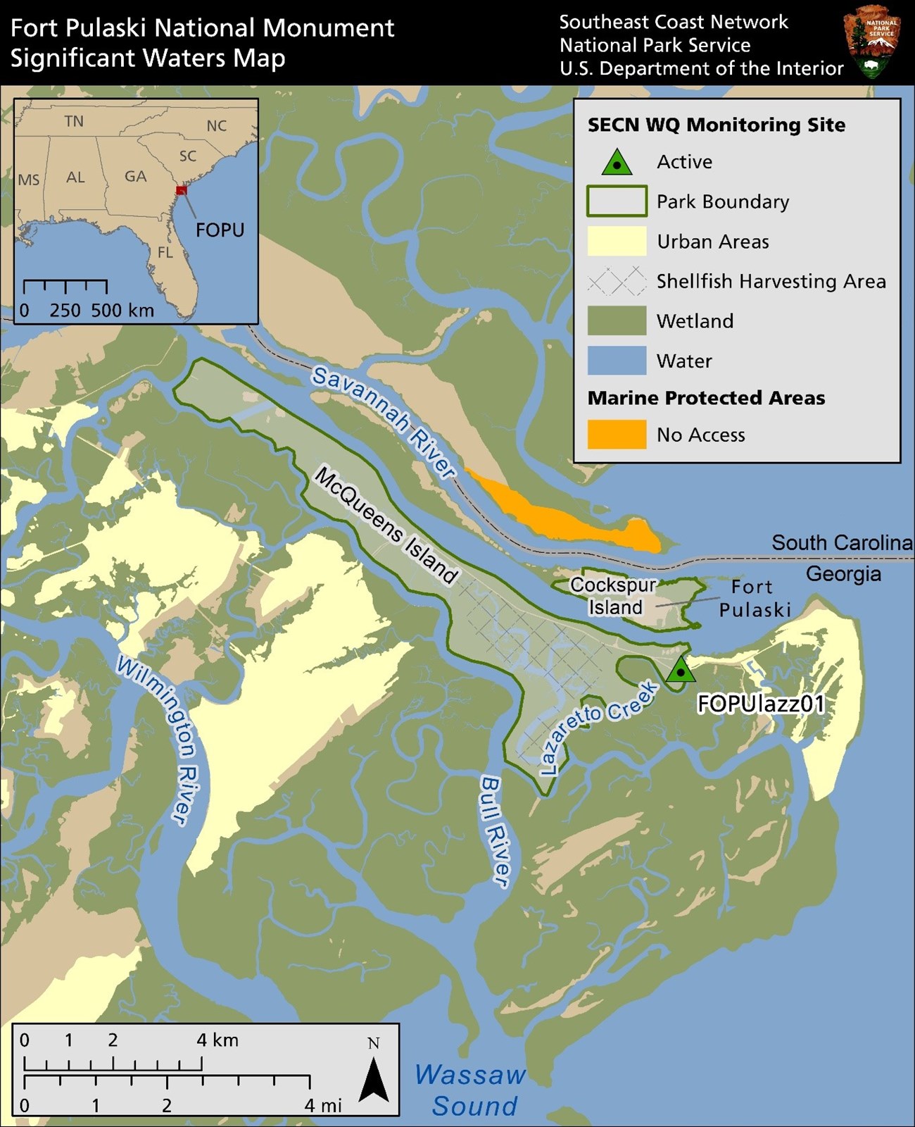 Significant Waters Map for FOPU Map of the park showing the monitoring site and different features