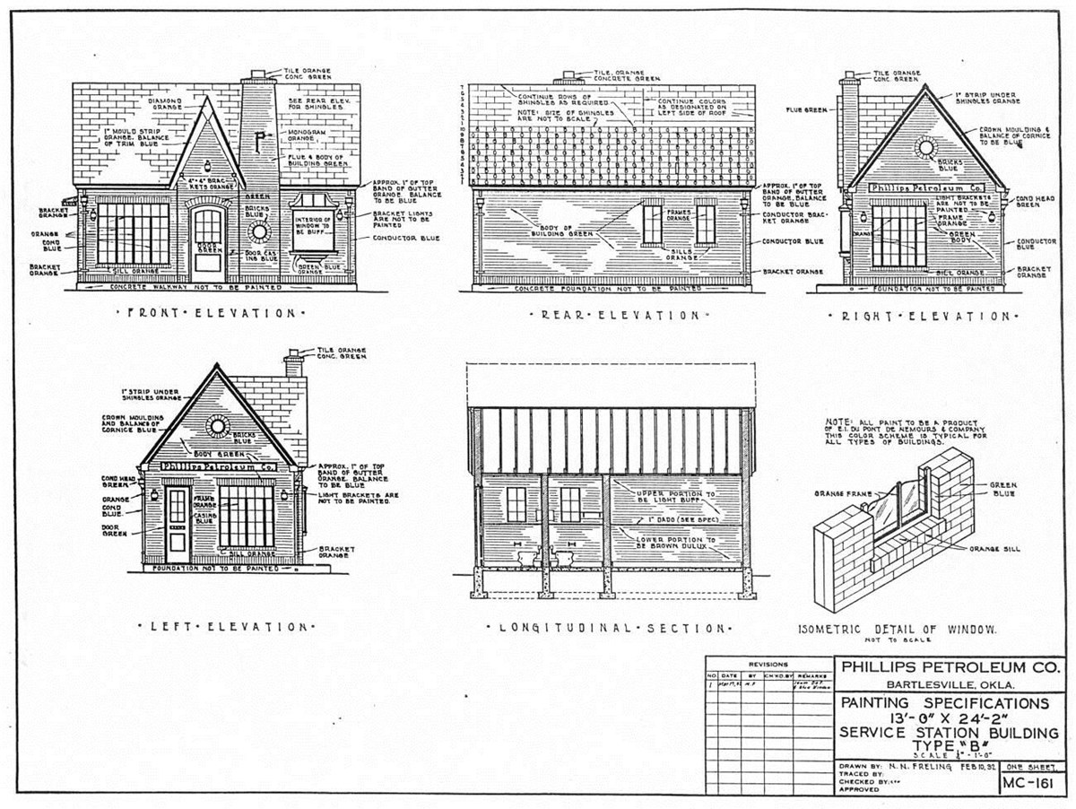 Architectural drawing 6 elevation and section views. Title Phillips Petroleum Co Painting Specifications.