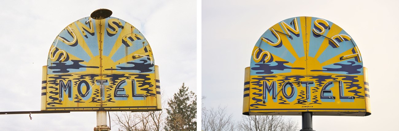 Before restoration Two images: left faded yellow sun setting in the yellow water, missing tubes and rusty. Right same sign cleaned and polished.