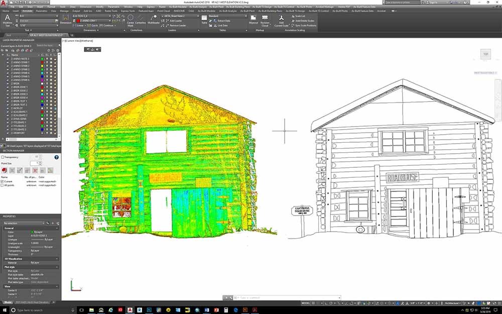 Figure 2 showing point cloud data being traced in CAD program_web A computerized, point cloud image of a scanned building.