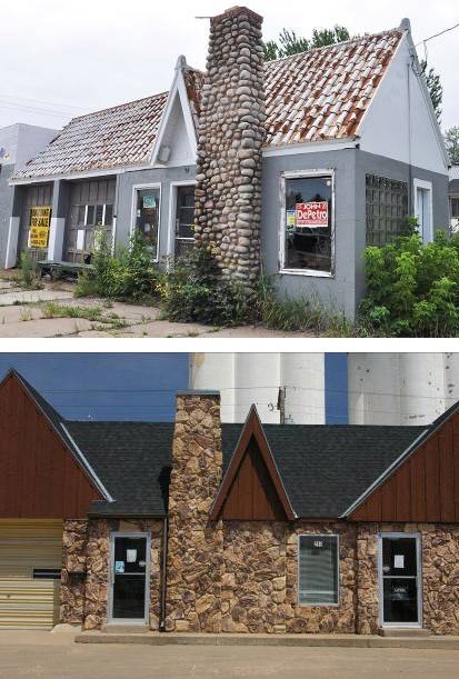 Stone replacing brick Gray brick building with a stone chimney and weathered tile roof. Stone exterior building with black roof.