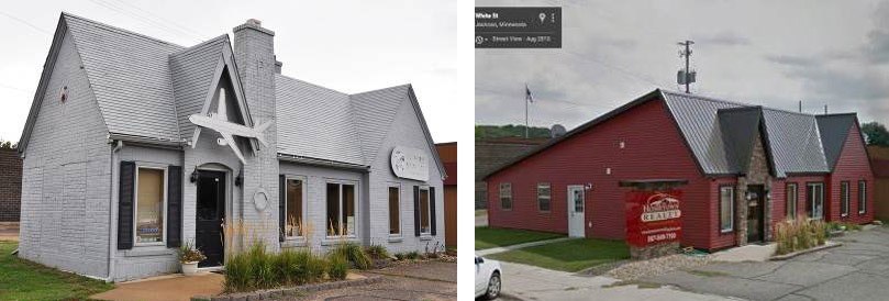 Gray building with gray roof, renovated building red siding with dark gray metal roof.
