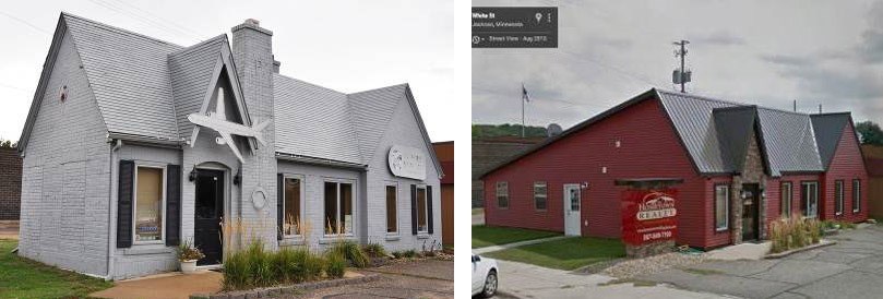 Makeover Gray building with gray roof, renovated building red siding with dark gray metal roof.