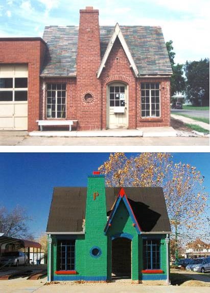 Red brick building and chimney multicolor roof, same building with green brick building black roof.