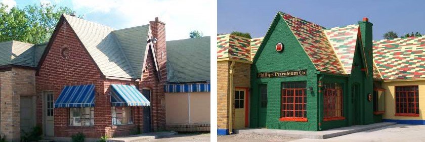 Two images same building red brick with blue awnings on first second green with multicolor roof.