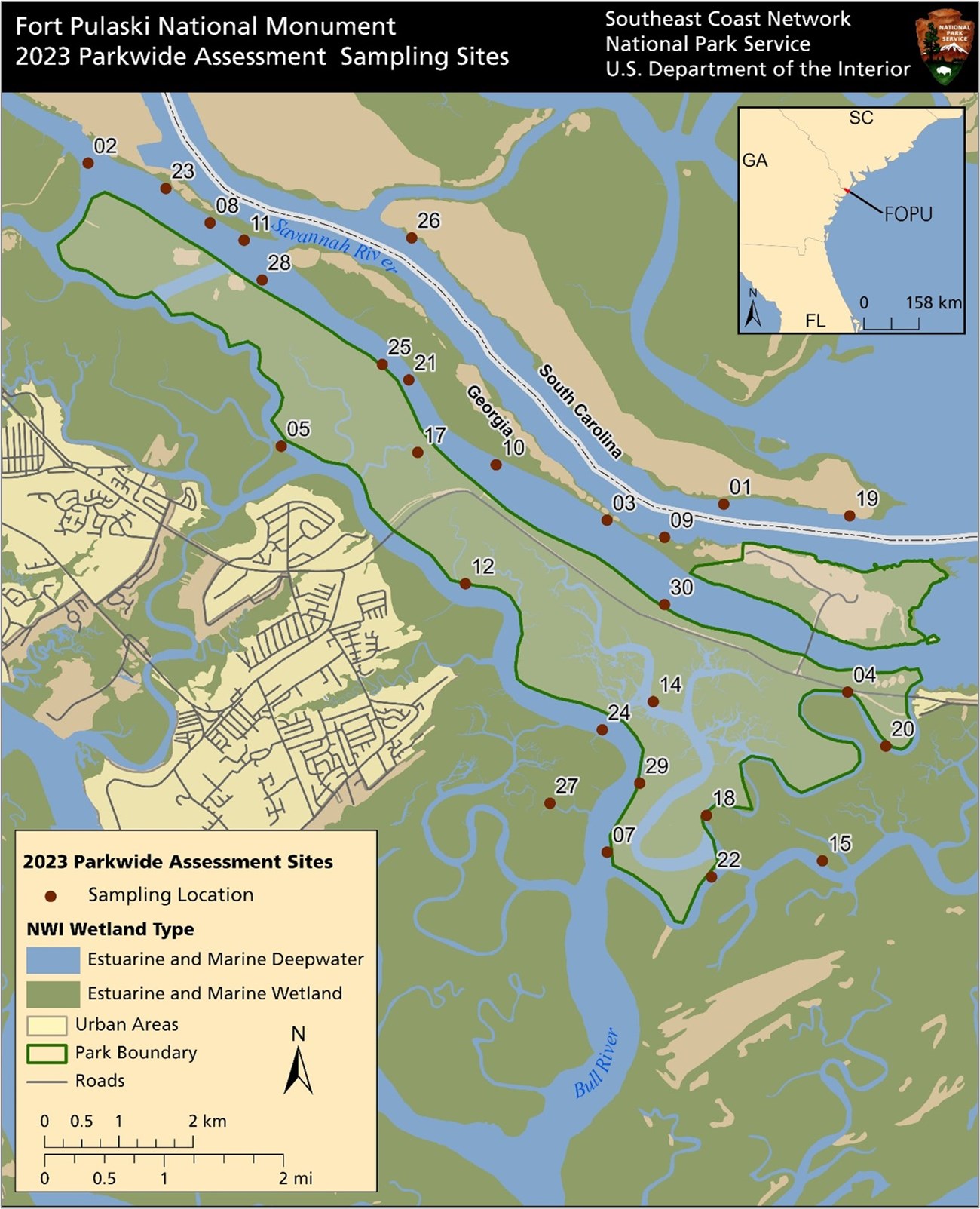 FOPU Parkwide Assessment Sampling Sites Map showing the location of parkwide assessment sites sampled in July 2023 at Fort Pulaski National Monument