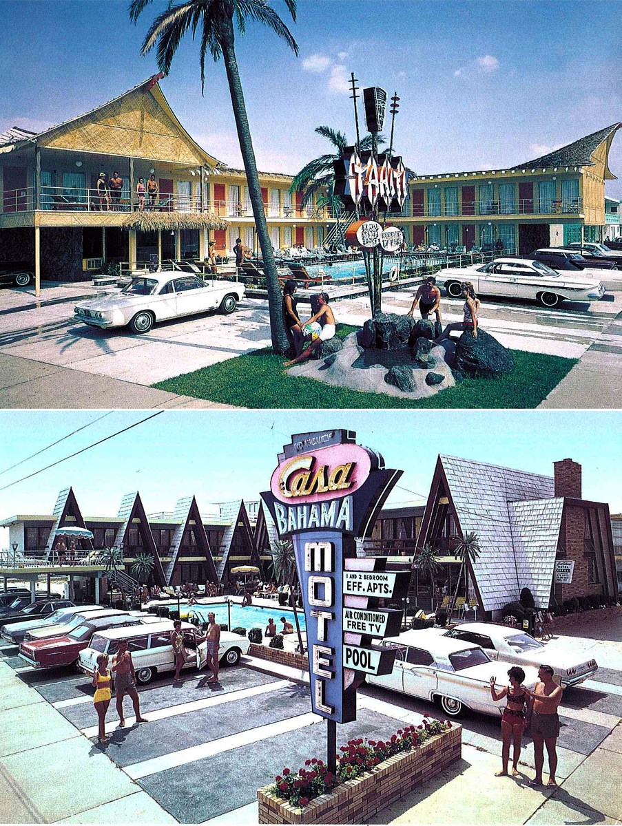 Postcards Two images motel parking areas, swimming pools, and two-story buildings. Text reads Tahiti Motel, Casa Bahama motel.