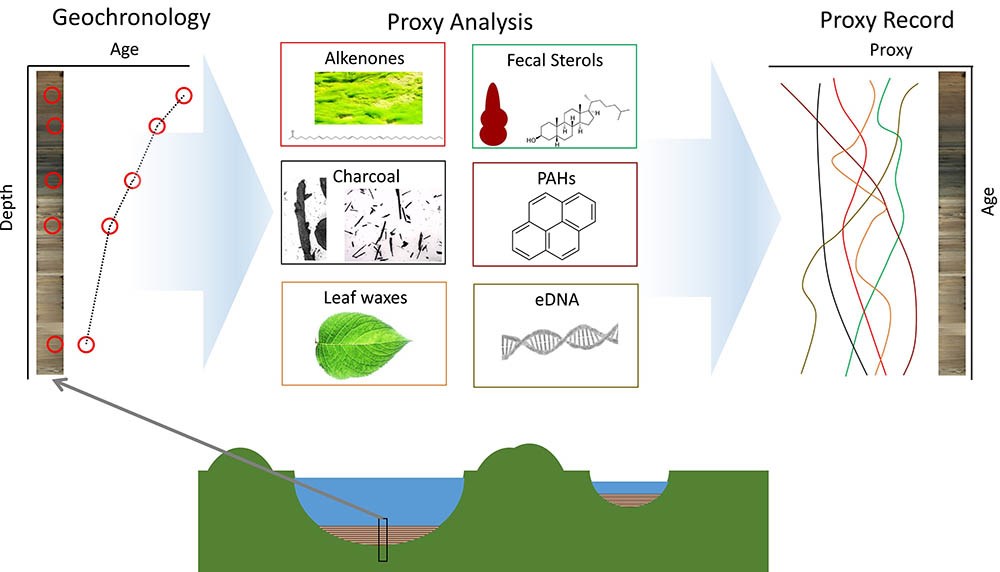 A figure showing the kinds of elements that can be analyzed from lake sediment cores.