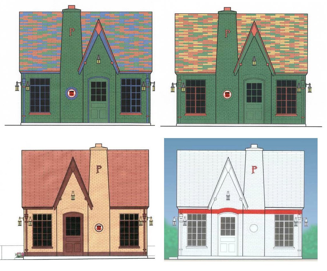 4 buildings,2 green brick with multiple color roof, 1 tan brick red roof, 1 white brick and roof.