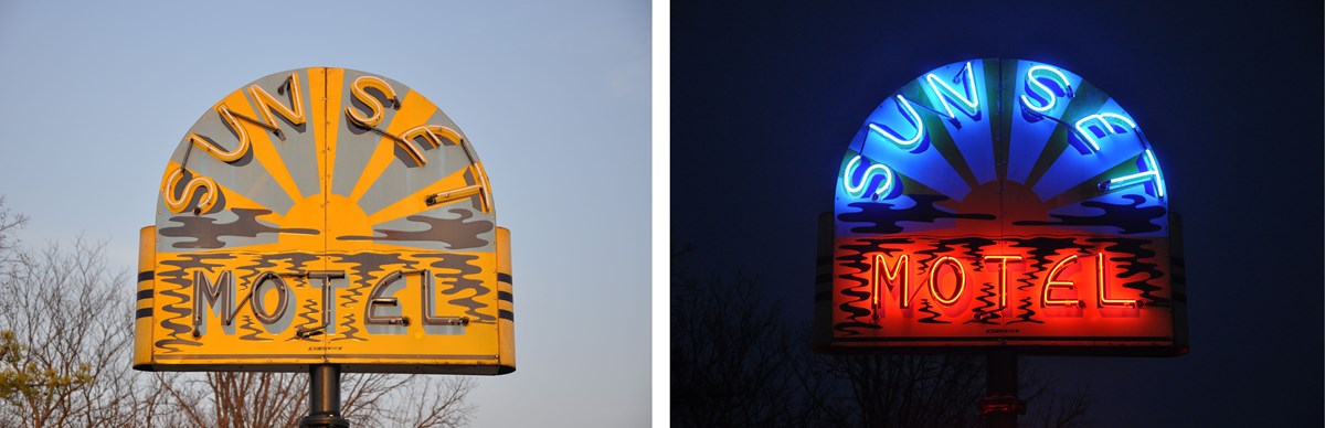 Two images: left golden yellow sun setting water Text Sunset Motel, Right night view Sunset blue neon Motel orange neon.