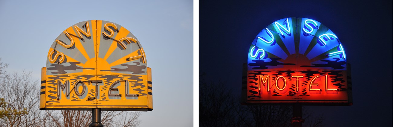 After Restoration Two images: left golden yellow sun setting water Text Sunset Motel, Right night view Sunset blue neon Motel orange neon.
