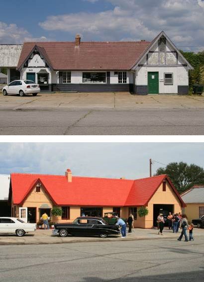 Two images same building weathered white building with rust colored roof and second yellow with orange roof.