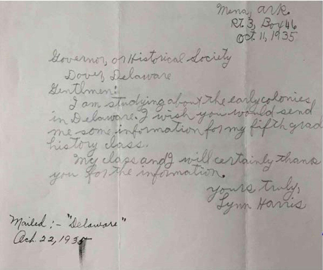 Handwritten request Note cursive writing from a student studying about the early colonies in Delaware requesting information.