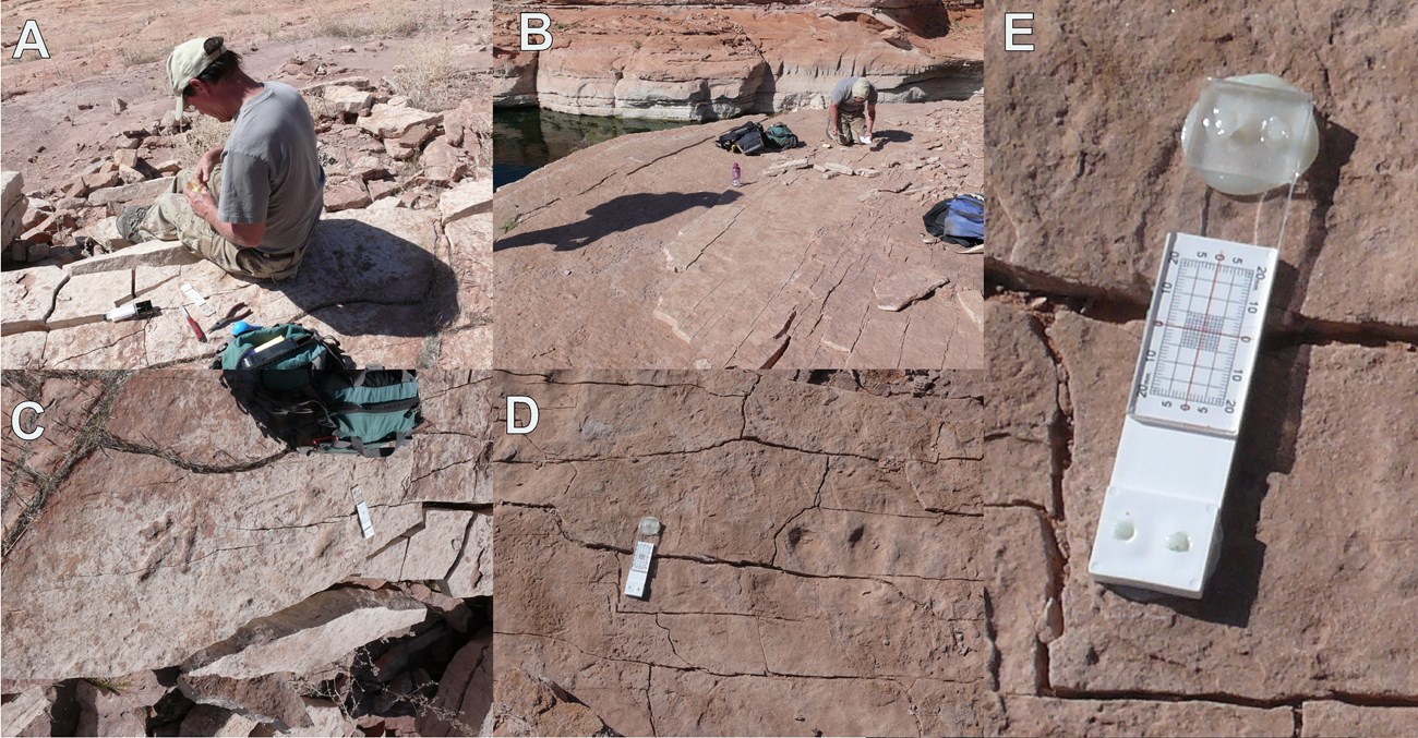 mosaic of 10 photos showing a person working on rock slabs with many visible cracks